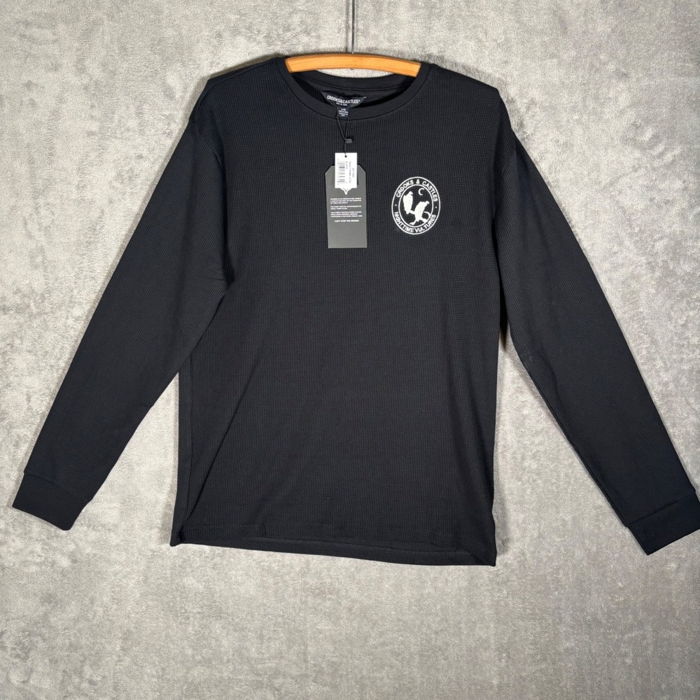 NWT Crooks & Castles Long Sleeve Thermal Shirt Mens Size L Waffle Knit Black‎